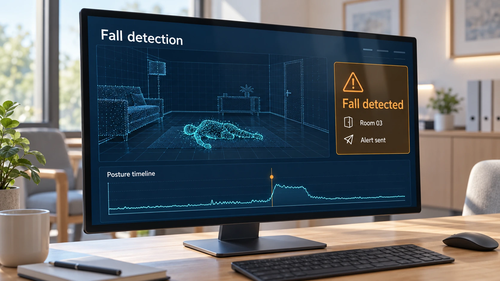Illustration of the system analysing posture and identifying a fall
